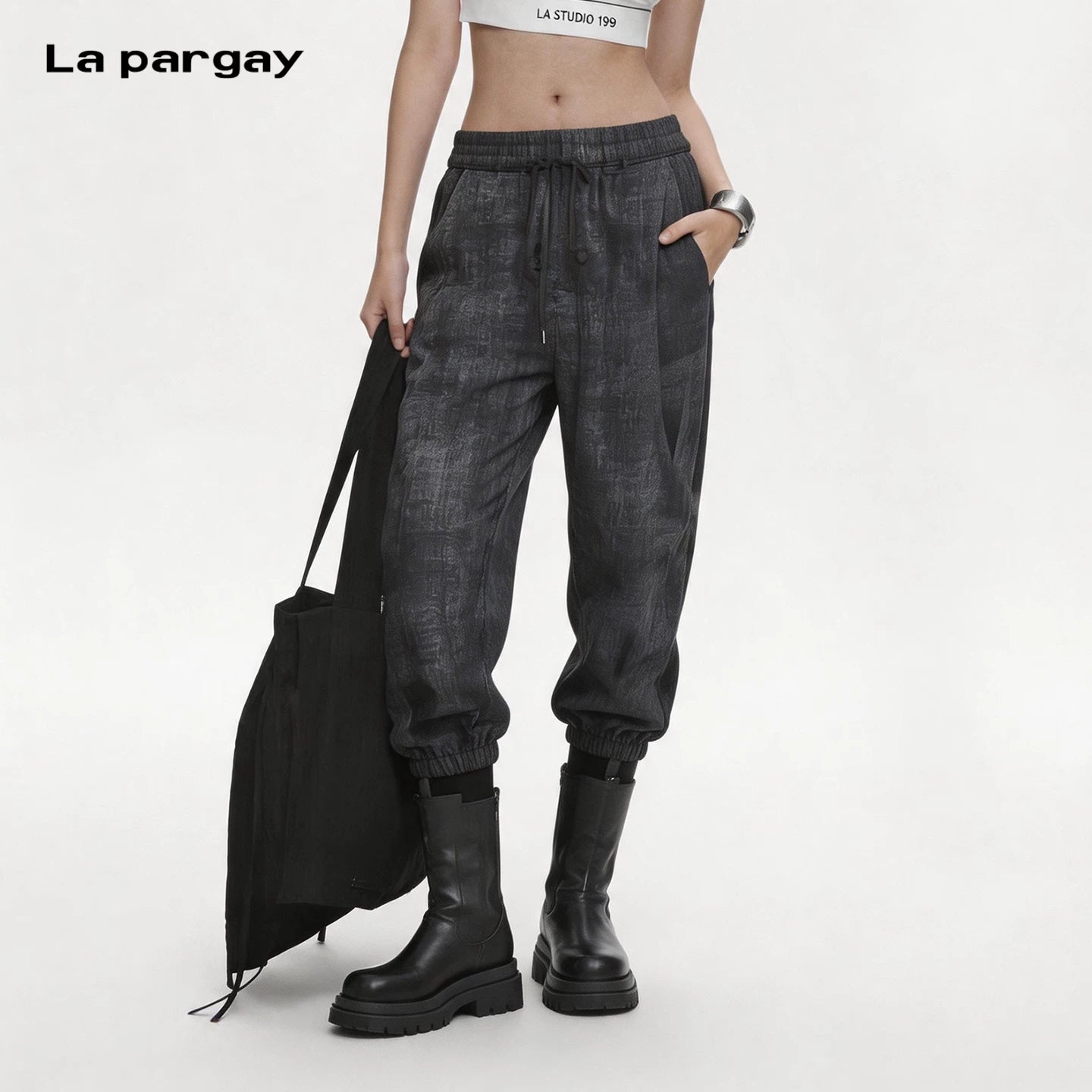 Lapargay vintage jogger pants with elastic drawstring waist, flattering leg shape without bulkiness L69202808B