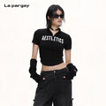 Lapargay Half-zip stand collar top, curved hem, slim fit shaping, letter embellishment L75200216C