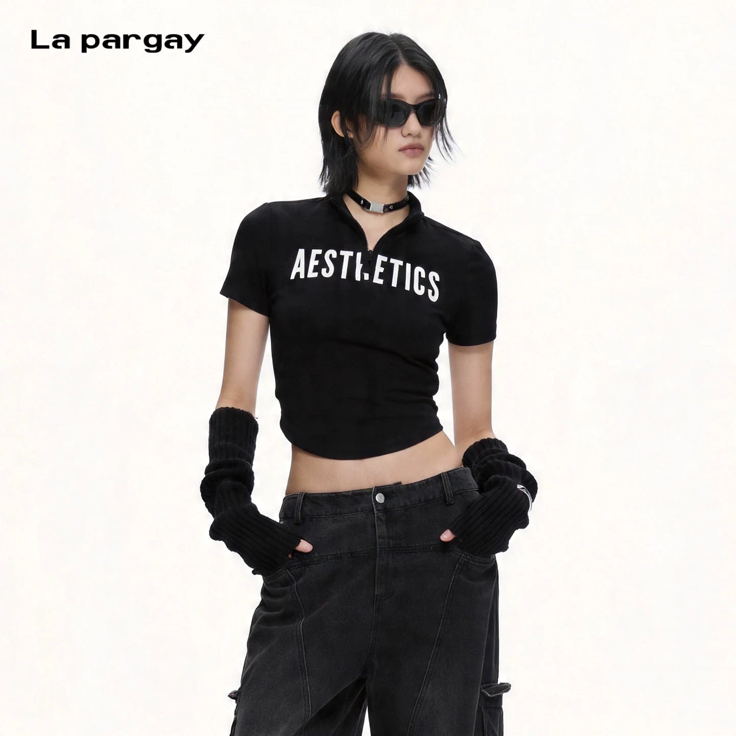 Lapargay Half-zip stand collar top, curved hem, slim fit shaping, letter embellishment L75200216C