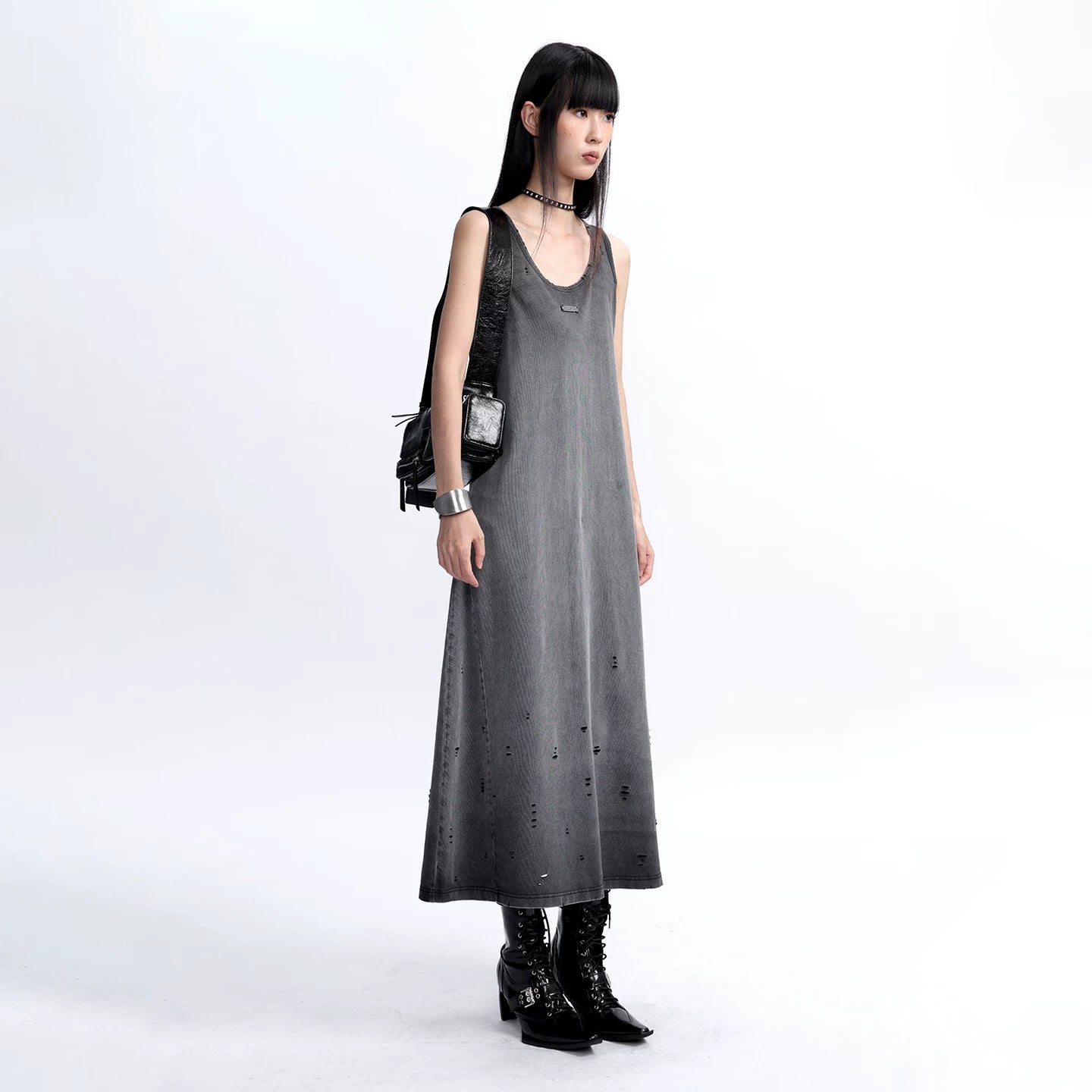 Lapargay 【Collect Traces】Gradient Distressed Gray Vest Dress High Count Pure Cotton L75309005V