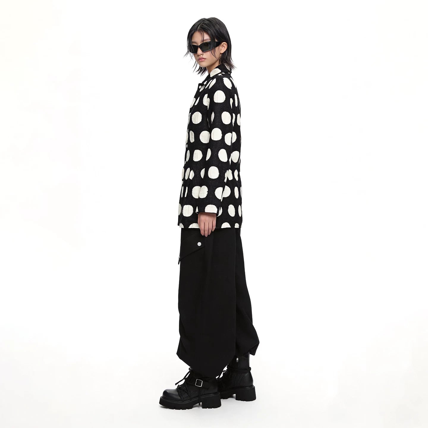 Lapargay Black and White Large Polka Dot Jacket Textured Fabric Waist-Cinching Flattering Silhouette L75101225V