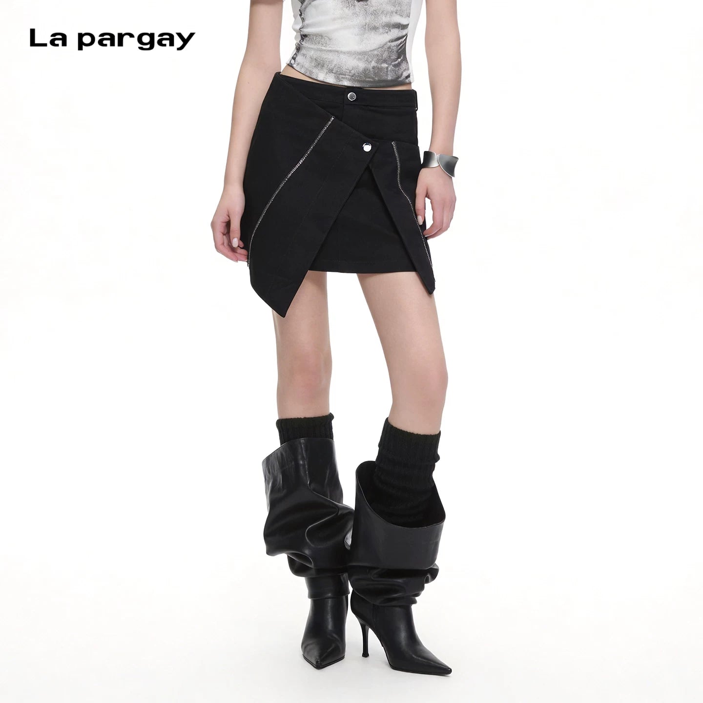 Lapargay asymmetrical paneled skirt, metal buckle waistband, functional hot girl little black skirt L69309209C