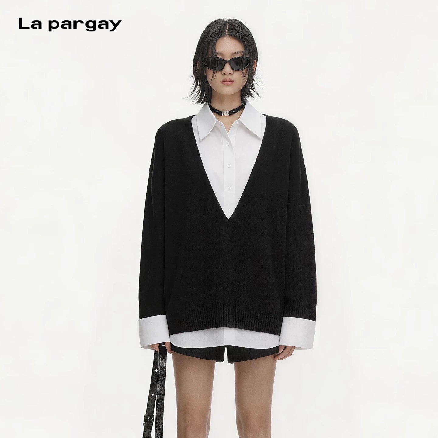 Lapargay Two-Piece Knit Shirt with Deep V Layering and Loose Drop Shoulder Long Sleeve Top L75108205C