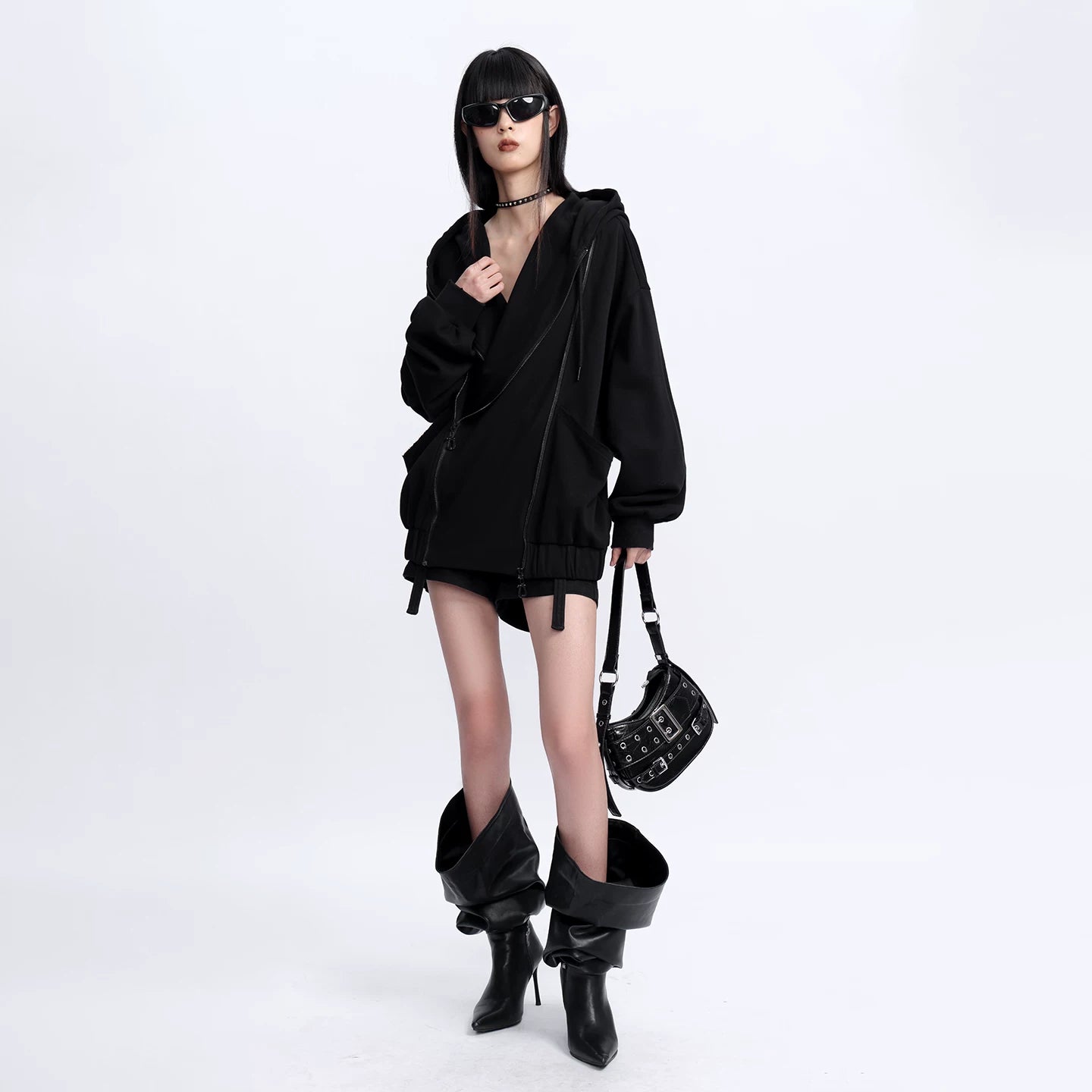 Lapargay 【Sleeping Paris】Motorcycle Style Loose Hooded Jacket Asymmetric L75301303V