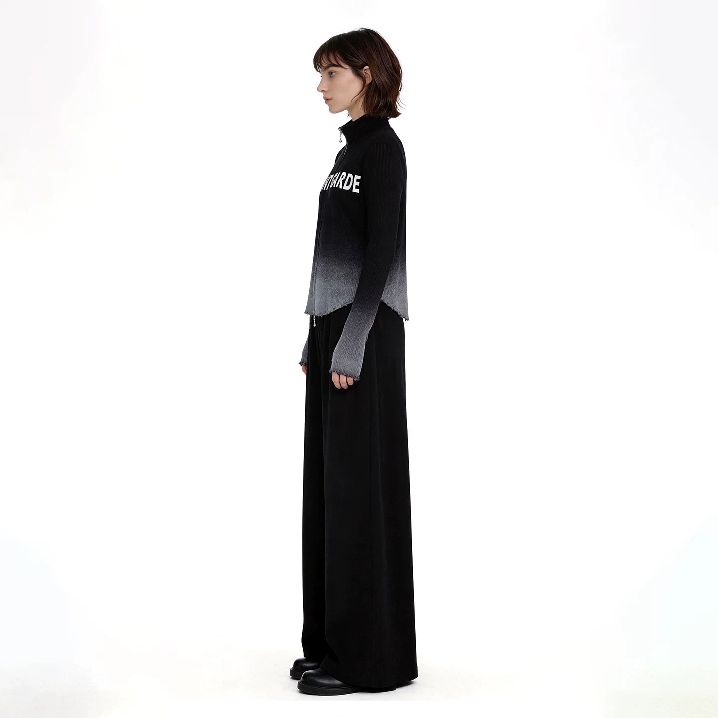Lapargay Gradient Ribbed Knit Double-Zip Cardigan with Letter Jacquard, Waist-Cinching and Slimming L75408302V