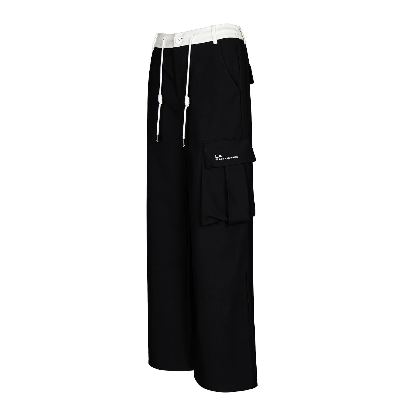 Lapargay Black and White Contrast Waist Three-Dimensional Cargo Pockets Draped Wide-Leg Casual Pants L75202609C