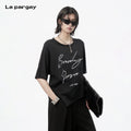 Lapargay Round Neck Print T-Shirt, Slightly Dropped Shoulder Half Sleeve, Irregular Hem Design L78200226V