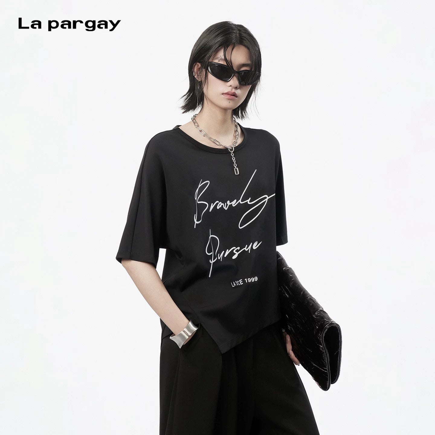 Lapargay Round Neck Print T-Shirt, Slightly Dropped Shoulder Half Sleeve, Irregular Hem Design L78200226V