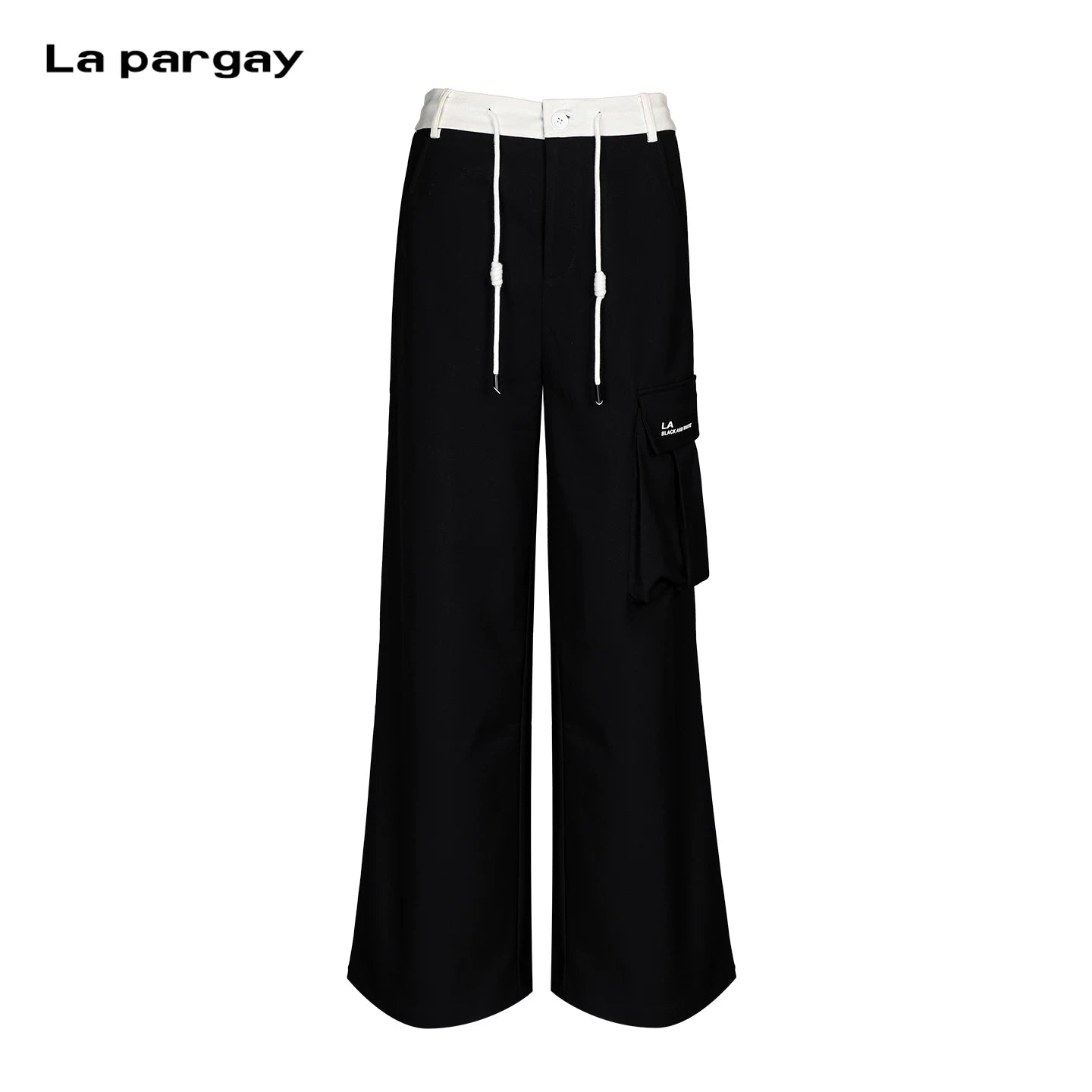 Lapargay Black and White Contrast Waist Three-Dimensional Cargo Pockets Draped Wide-Leg Casual Pants L75202609C
