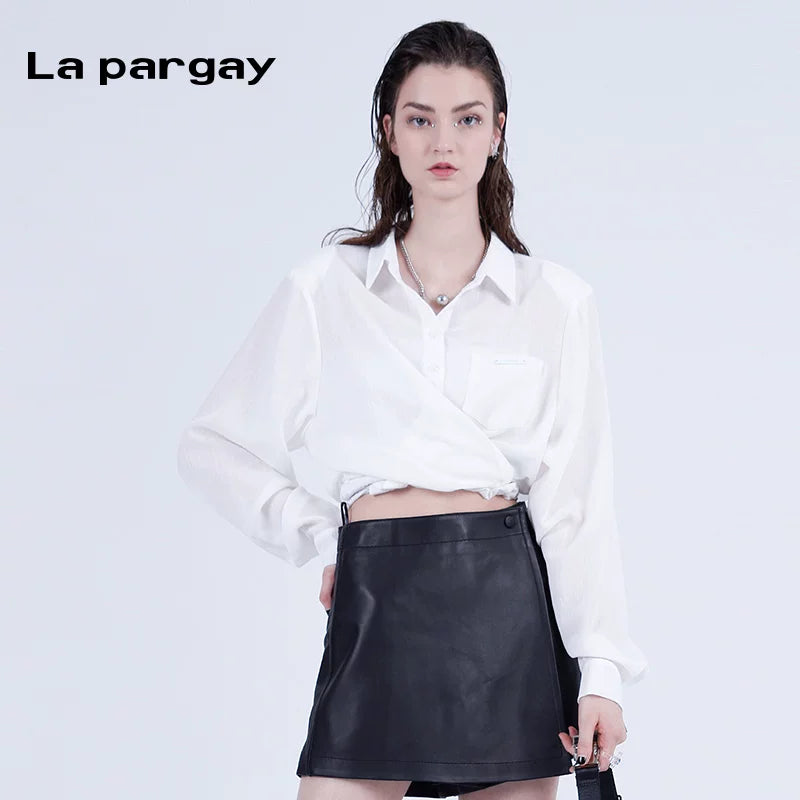 Lapargay 2026 polo collar long-sleeve shirt niche simple temperament women's top short style