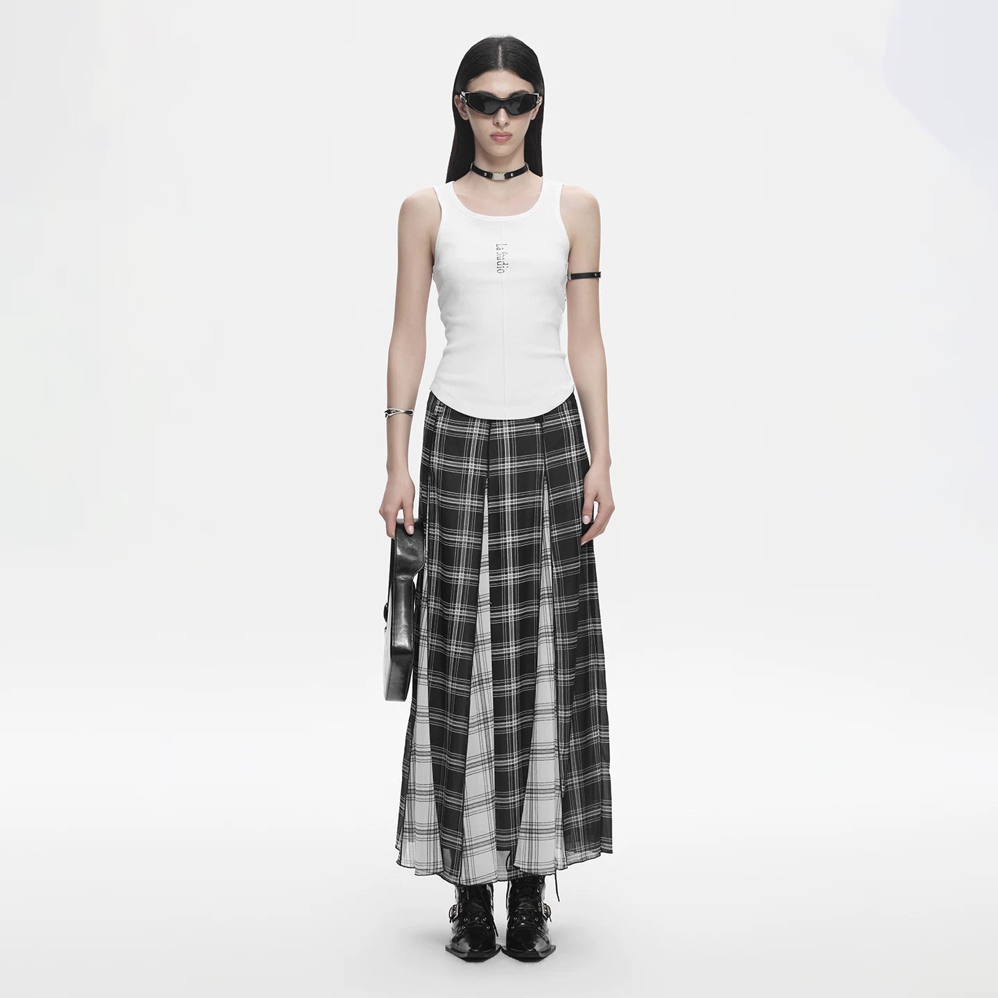 Lapargay Black and White Plaid Skirt High-waist Long Skirt Contrast Color Stitching Design L78209108V