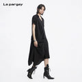 Lapargay  Notch Lapel V-Neck Short Sleeve Dress, Side 3D Pleats, Relaxed Silhouette L78209005V