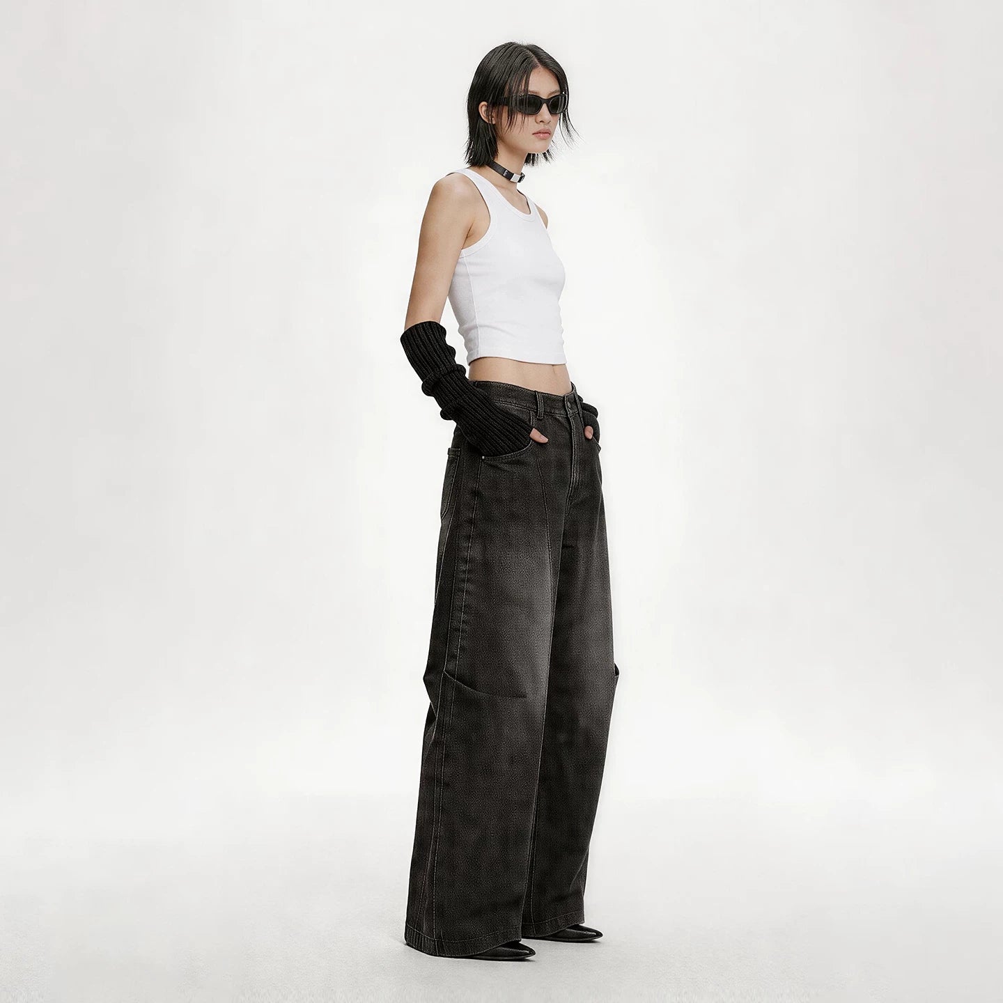 Lapargay Washed Denim High-Waist Pleated Bloomers, Street-Style 3D Side Pockets L75202605V