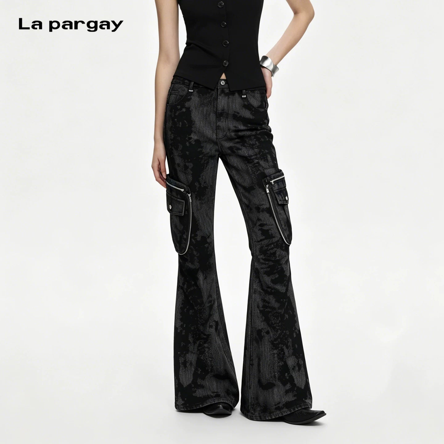 Lapargay Black-Gray Tie-Dye Micro-Flare Jeans Double Zipper Large Pockets Retro Street Style L72102604B