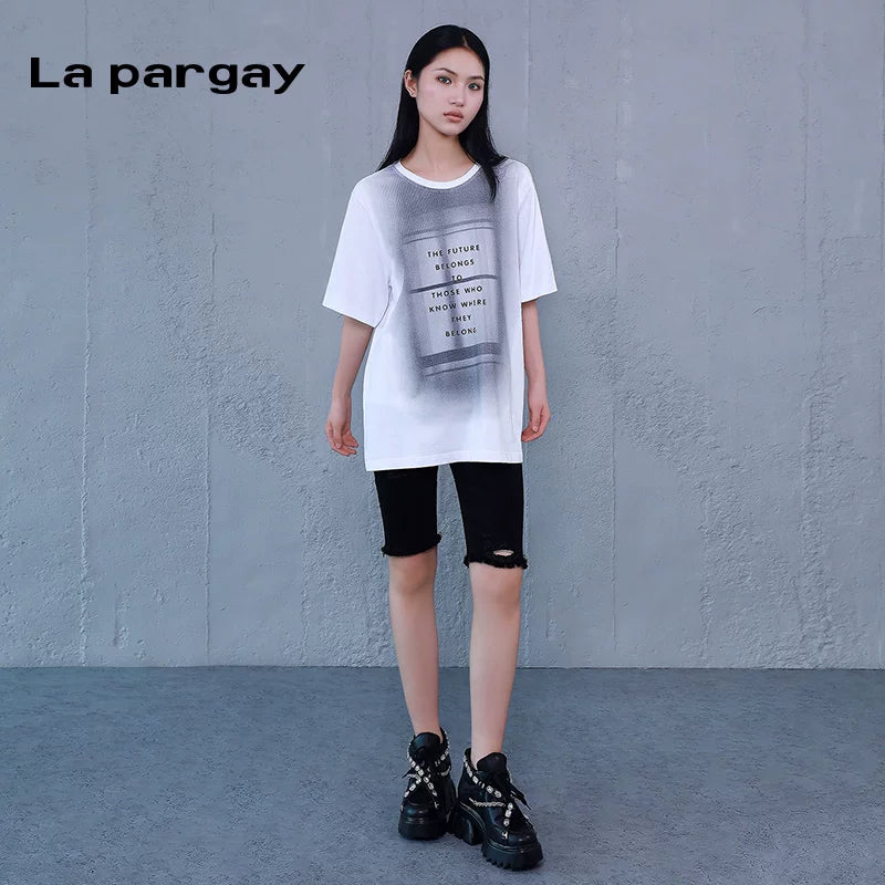 Lapargay Mid-long Pure Cotton Loose T-shirt 2026 New Style Personality Design Gradient Knit Top