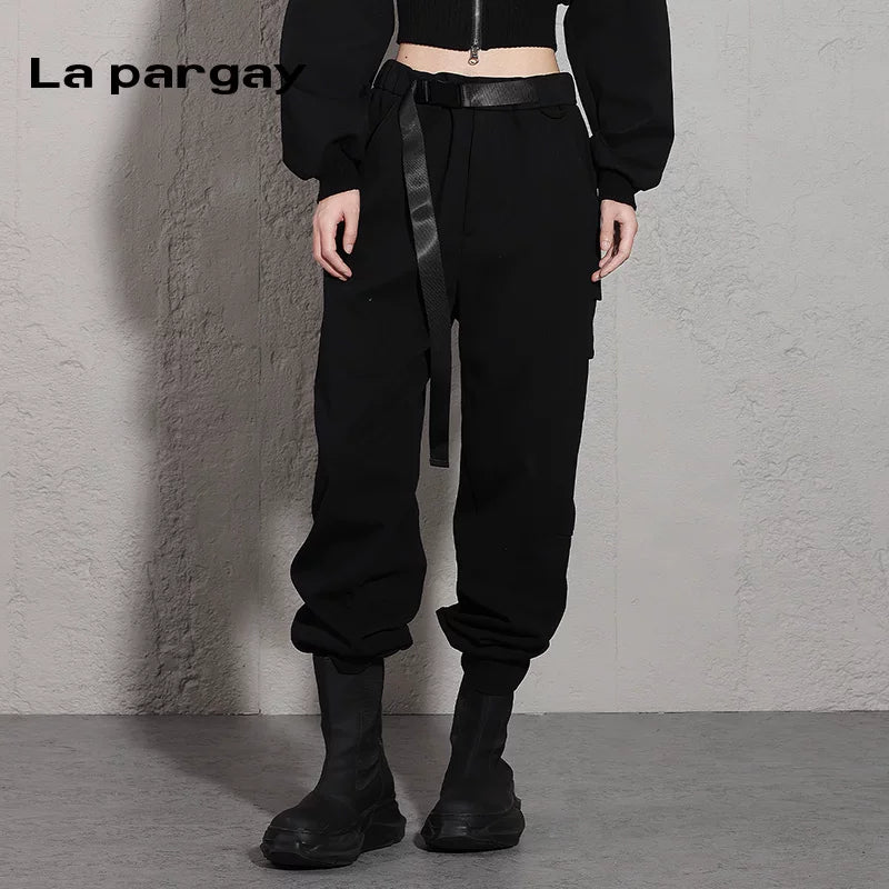 Lapargay high-waist long pants cuffed knit casual pants 2026 spring new women's black personality versatile trousers