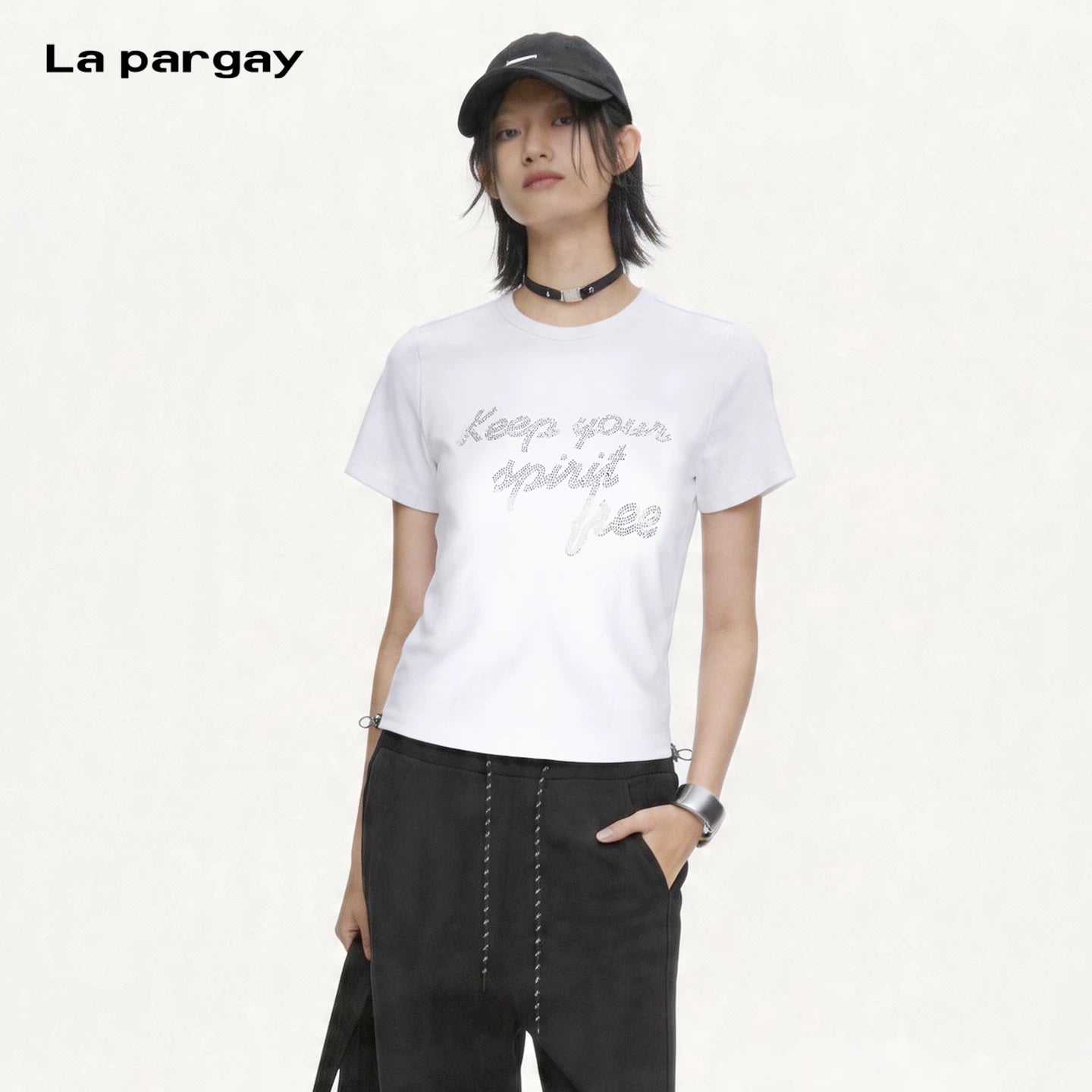 Lapargay Shape-flattering non-tight Drawstring design top Sparkling diamond embellished look L75200234V