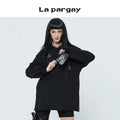 Lapargay Hooded Mid-length Sweatshirt 2026 Spring New Design Sense Niche Black Long-sleeved Loose Top