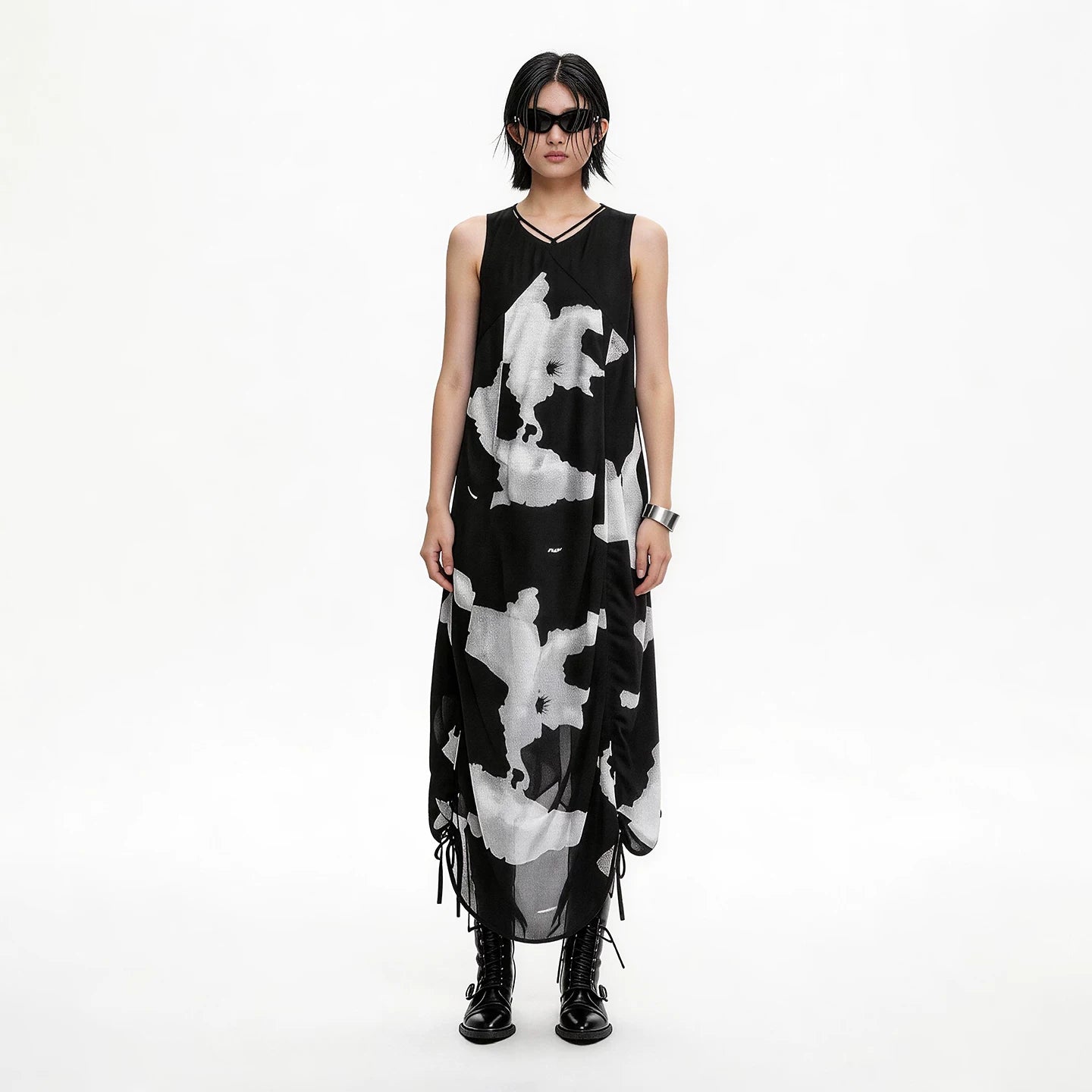 Lapargay Ink Wash Print Sleeveless Dress Irregular Drawstring Dress L75209002C