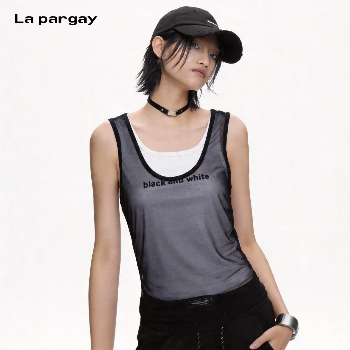 Lapargay faux two-piece layered design mesh breathable no sweat slimming sports vest