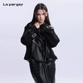 Lapargay PU Patchwork Wool Blend Coat for Women 2026 Spring New Personality Design Fashion Brand Loose Jacket
