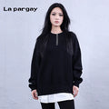 Lapargay spliced pullover sweater round neck long sleeve knitwear 2026 spring new women's black loose top