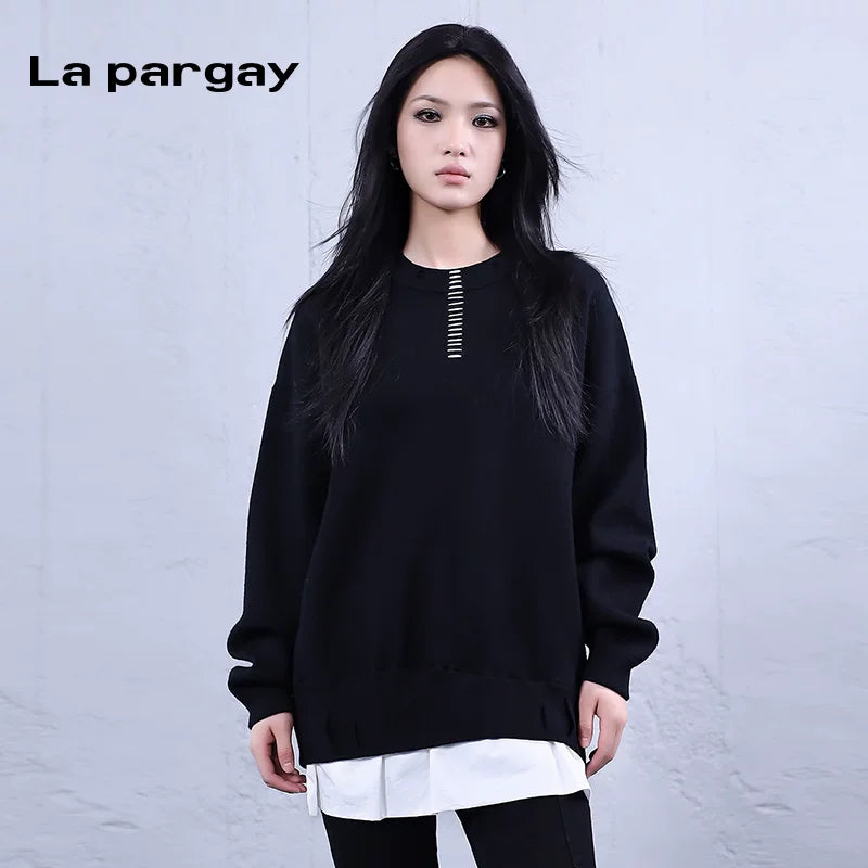 Lapargay spliced pullover sweater round neck long sleeve knitwear 2026 spring new women's black loose top