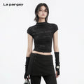 Lapargay Mock Neck Fitted T-Shirt, Niche Distressed Design, Detachable Sleeve Top L78200224V