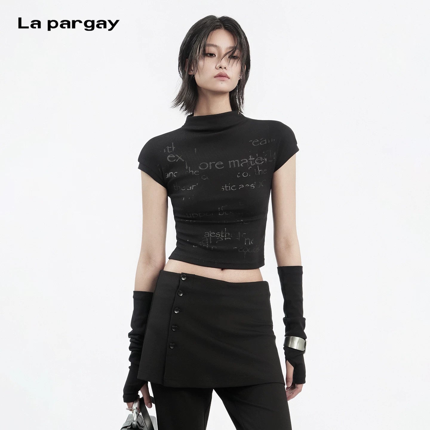 Lapargay Mock Neck Fitted T-Shirt, Niche Distressed Design, Detachable Sleeve Top L78200224V
