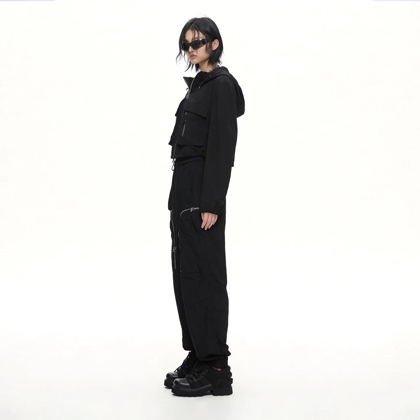Lapargay Pleated Texture Casual Pants Curved Zipper Pockets Drawstring Elastic High Waist L69202807C
