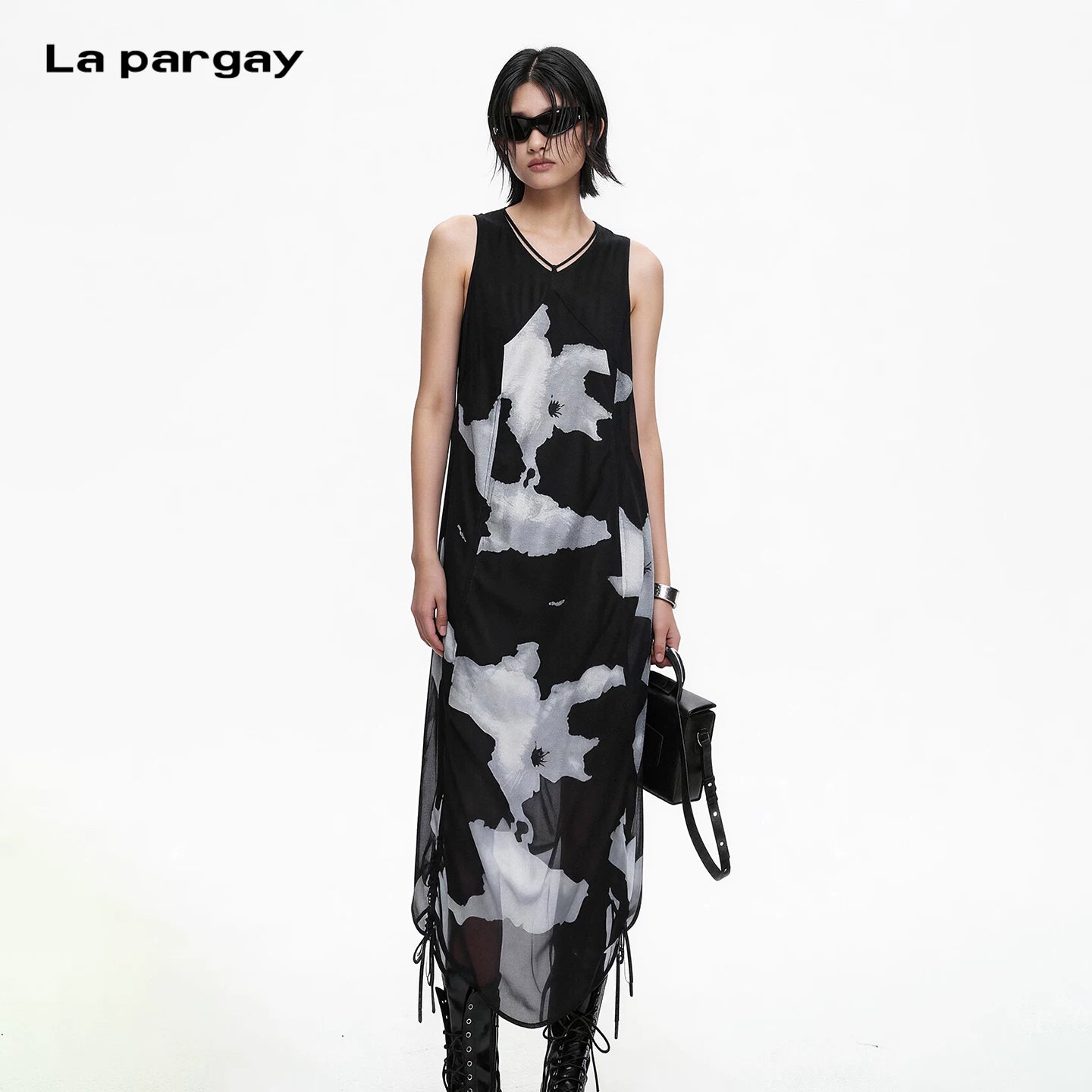 Lapargay Ink Wash Print Sleeveless Dress Irregular Drawstring Dress L75209002C