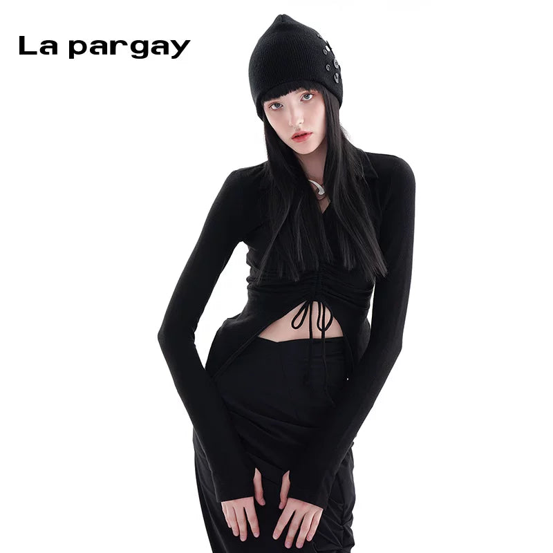 Lapargay Pullover Long-sleeve T-shirt 2026 New Women's Black Personality Fashion Casual Design Sense Top