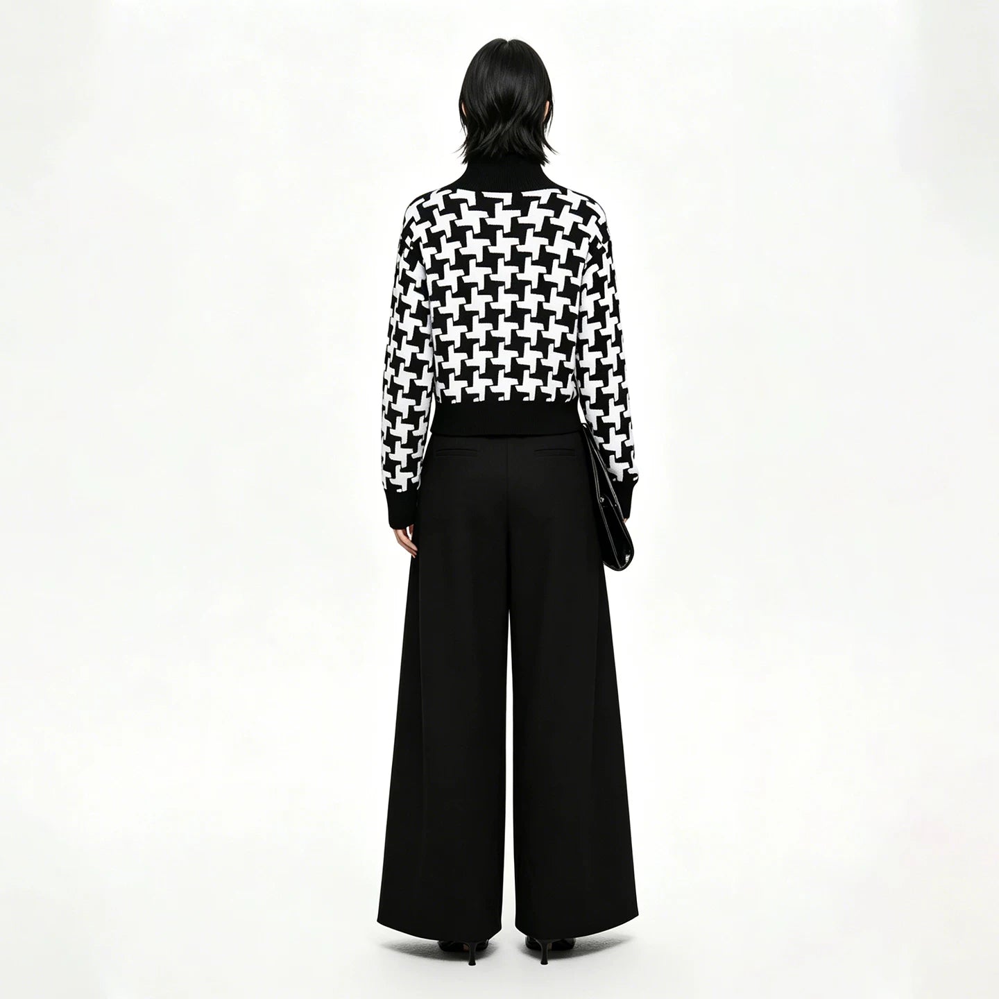 Lapargay Houndstooth patchwork knitwear Half-zip high collar Waist-cinching short pullover L75108208C