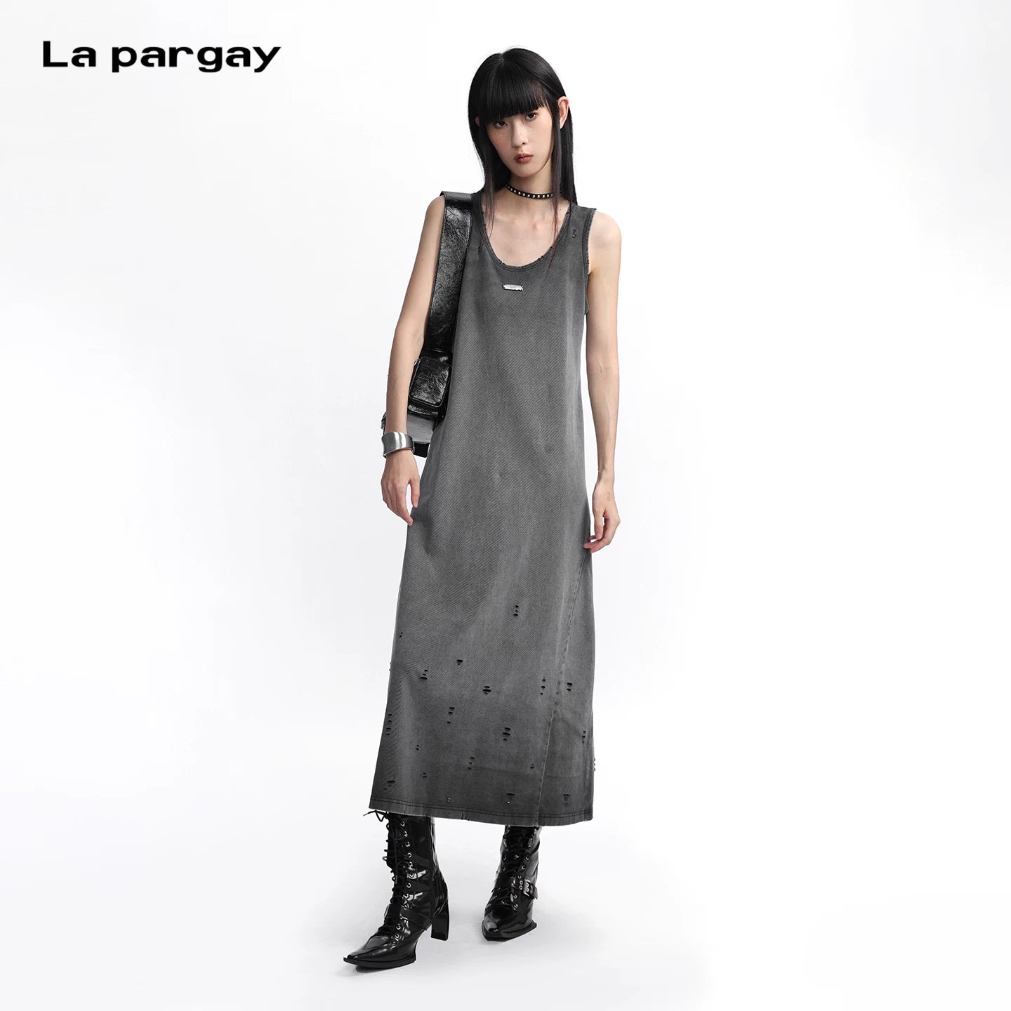 Lapargay 【Collect Traces】Gradient Distressed Gray Vest Dress High Count Pure Cotton L75309005V