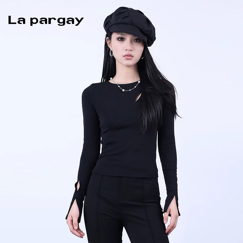 Lapargay Pullover Round Neck Long Sleeve T-Shirt Women 2026 Spring New Black Personality Casual Versatile Slim Fit Top
