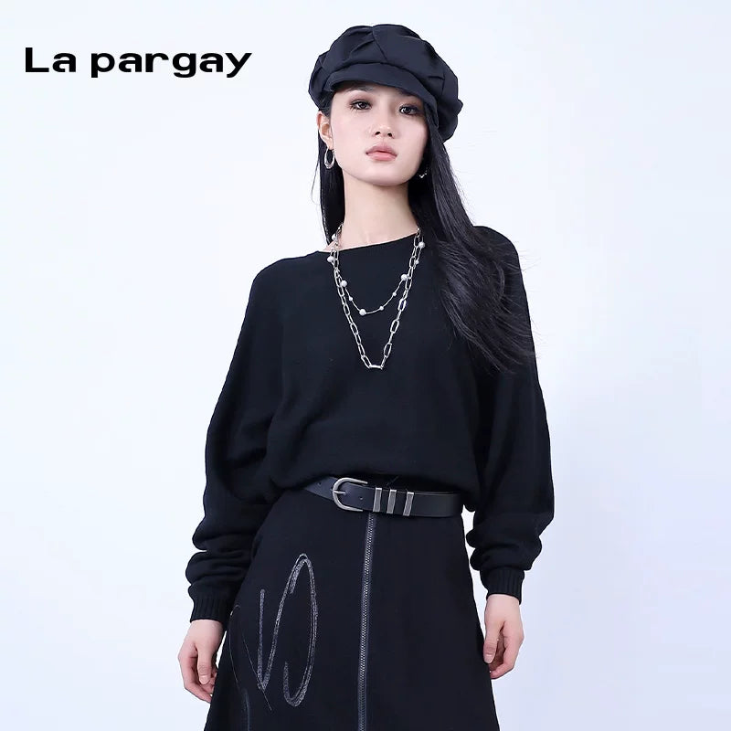 Lapargay pullover round neck base layer long sleeve knit sweater 2026 new women's black design top