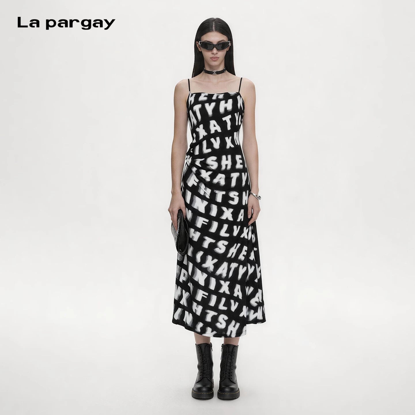 Lapargay Letter print halter dress waist cutout elegant long black dress L69209005V