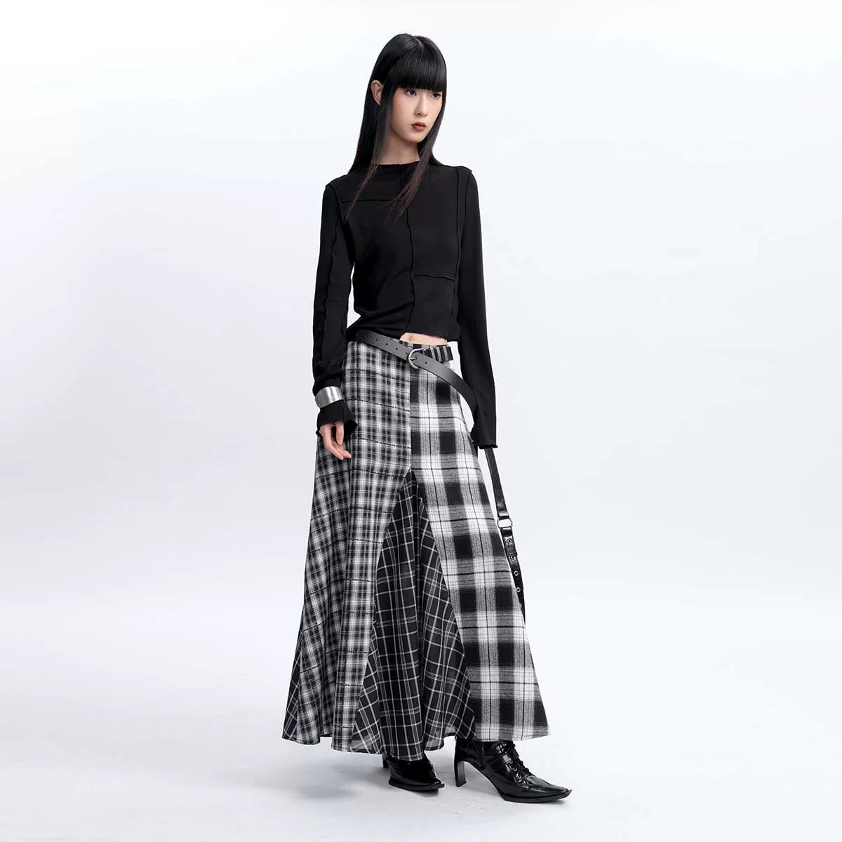 Lapargay Plaid Deconstruction Skirt Slight A-Line Silhouette Irregular Patchwork Craft L75309107V