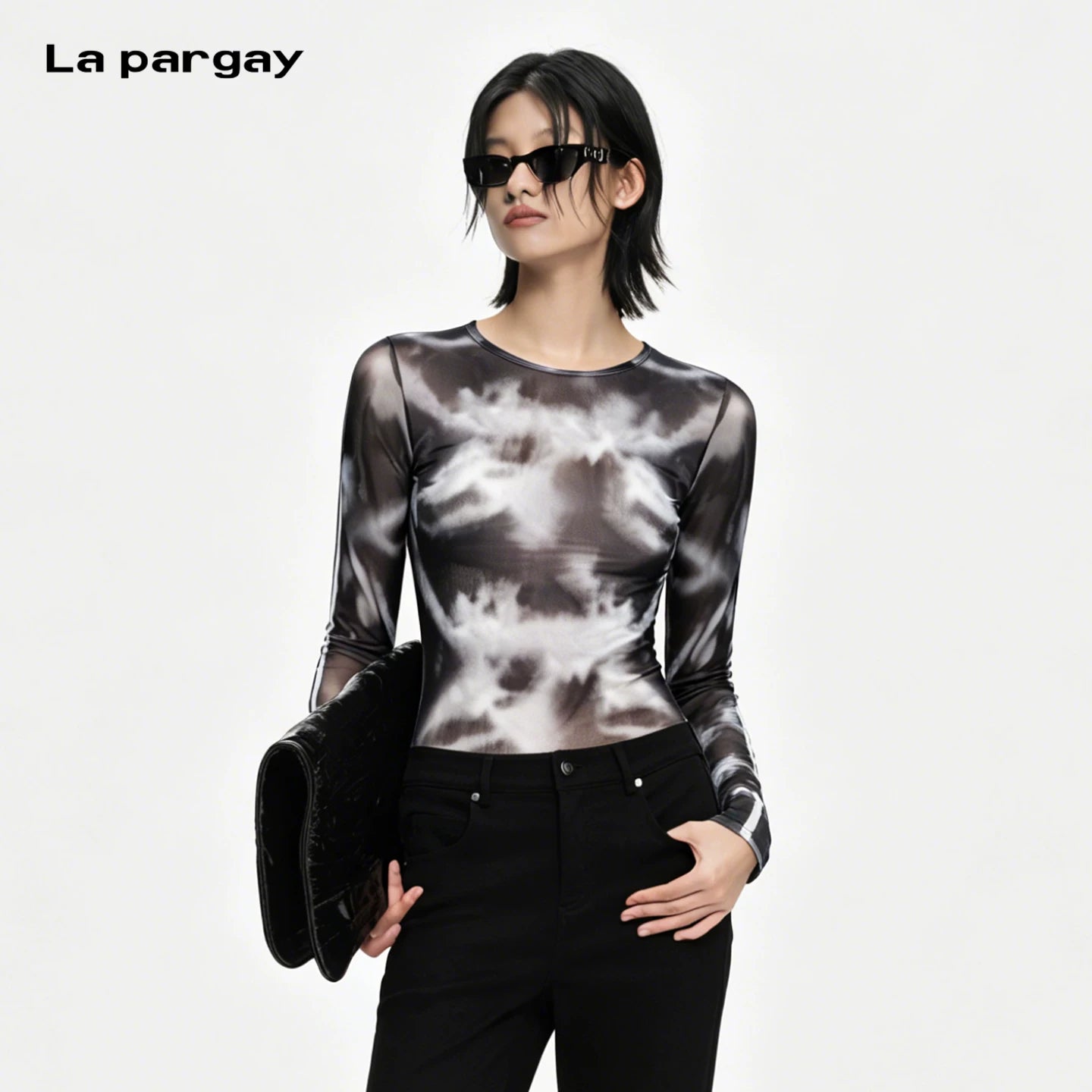 Lapargay X-Ray Print Mesh T-Shirt, Figure-Flattering Slim Fit, Sheer Long-Sleeve Layering Top L75200302V
