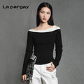 Lapargay pullover long sleeve off-shoulder color-block knit sweater 2026 spring new women's slim fit base top