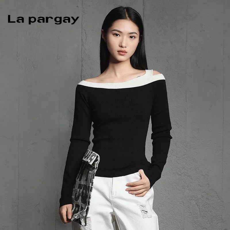 Lapargay pullover long sleeve off-shoulder color-block knit sweater 2026 spring new women's slim fit base top