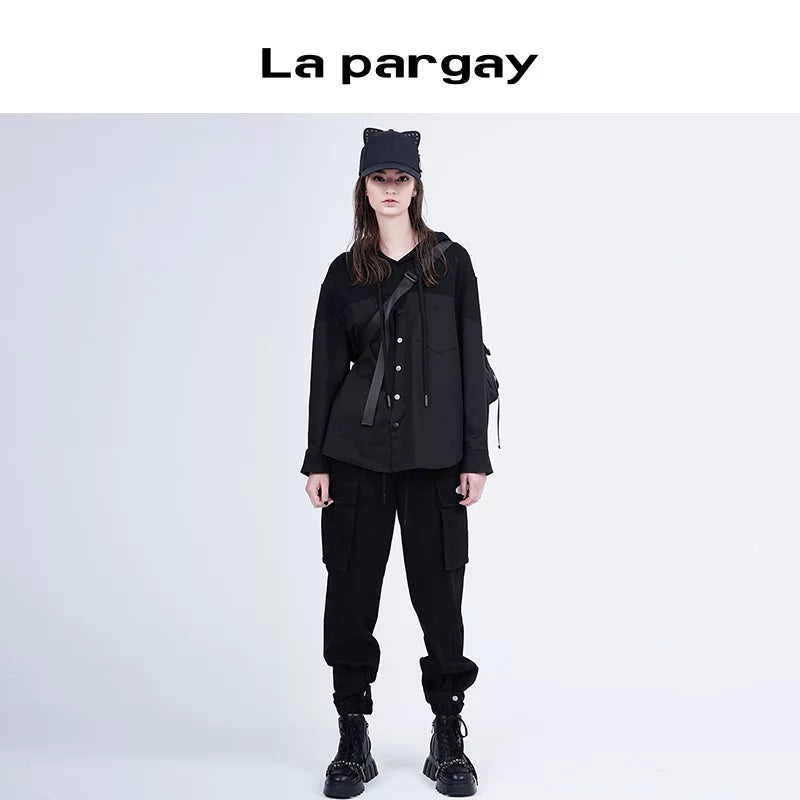 Lapargay 2026 Spring New Style Personality Hoodie Black Fabric Patchwork Pullover Casual Top