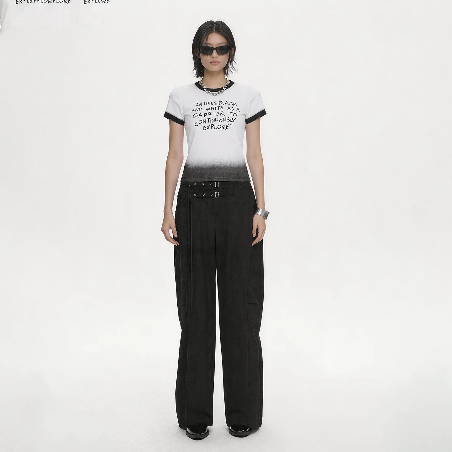 Lapargay Black and white gradient design, American graffiti print top, sexy slim fit L75200218V