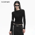 Lapargay mock neck spliced top, calm pioneer, high-stretch knitted fabric L78100301C