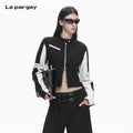 Lapargay  contrast color motorcycle short jacket, stand collar double zipper, high-waisted crop top for spicy girl L78101234V