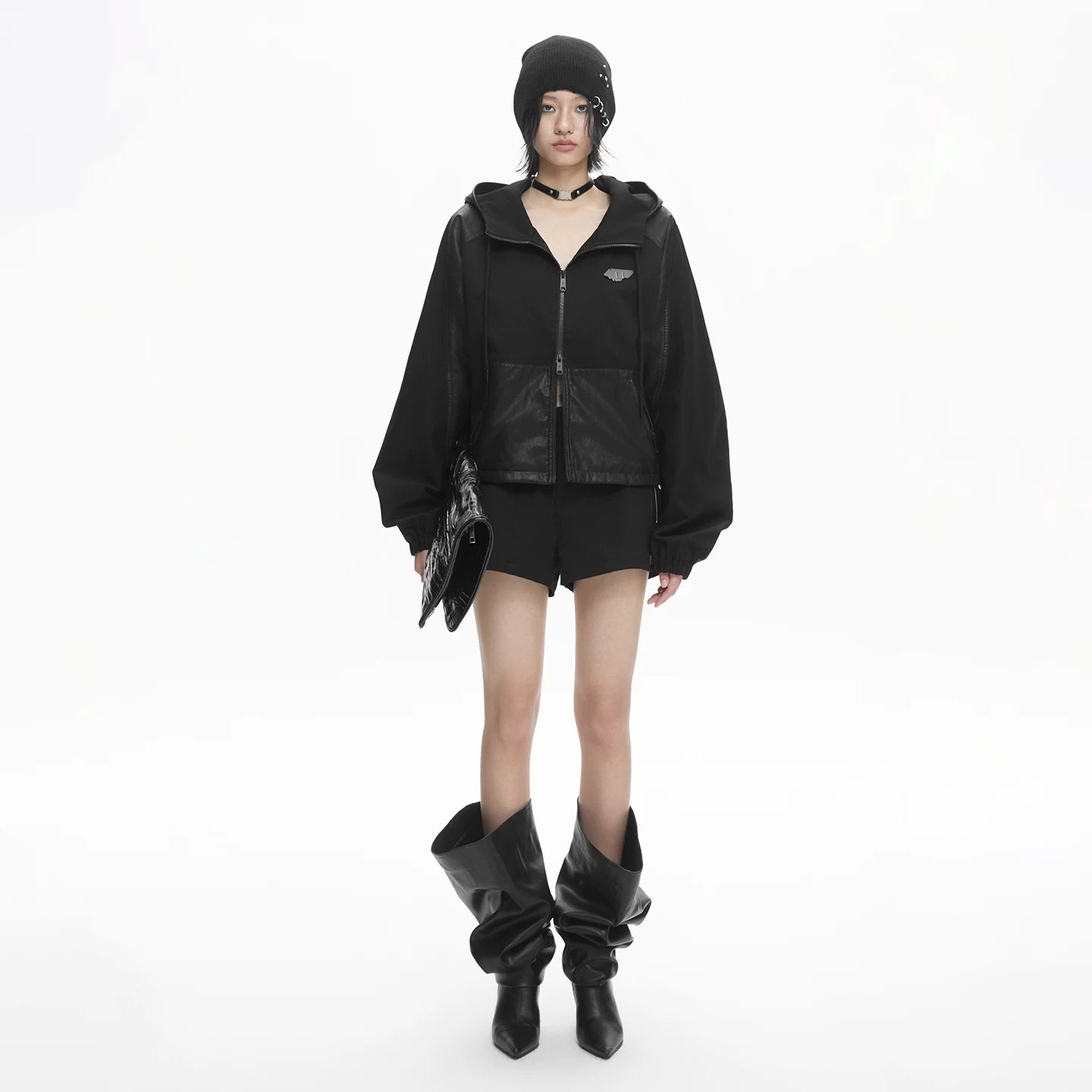 Lapargay leather spliced hooded jacket street cool double-zip L78101221C