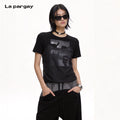 Lapargay Slim Fit Short T-Shirt Top with Sheer Mesh Splicing Fake Two-Piece Style L72300204B