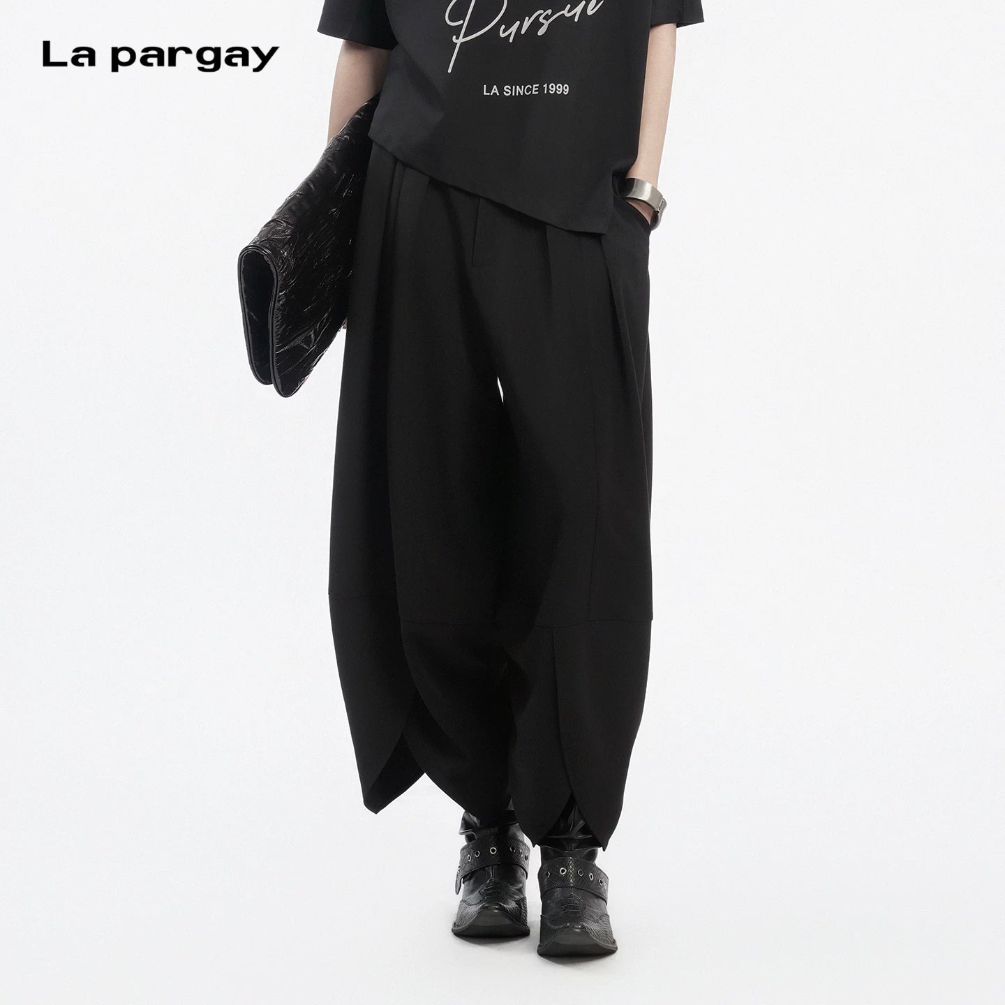 Lapargay Diagonal Button Waistband Casual Pants Split Hem Create High-End Relaxed Look L78202617S