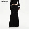 Lapargay Black Denim Midi Skirt Metal Ring Patch Multi Pocket Utility L69309112V