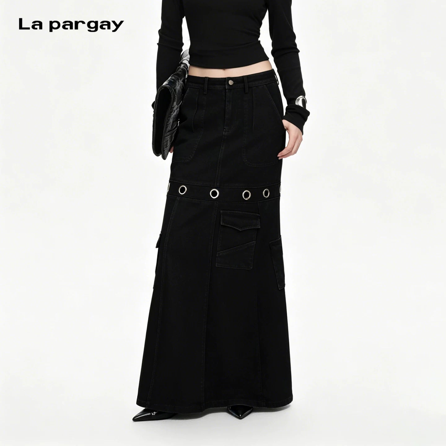 Lapargay Black Denim Midi Skirt Metal Ring Patch Multi Pocket Utility L69309112V